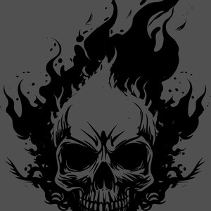 May include: A black and white illustration of a skull with flames coming out of the top of its head.
