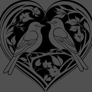 May include: Black and white silhouette of two birds perched on a branch inside a heart-shaped frame. The birds are facing each other and have their wings spread. The frame is decorated with intricate floral designs.