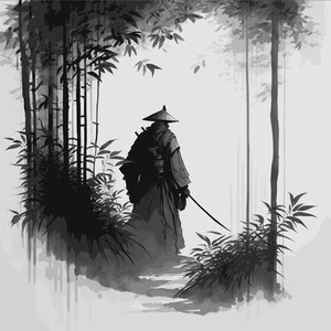 May include: A black and white illustration of a lone figure in a traditional Japanese robe and hat walking through a bamboo forest. The figure is facing away from the viewer and is holding a sword.