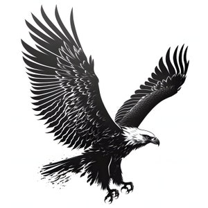 Może przedstawiać: Czarno-biała ilustracja łyso-głowego orła z rozpostartymi skrzydłami, szybującego w powietrzu. Głowa orła jest odwrócona w bok, a jego ostre szpony są wyciągnięte.
