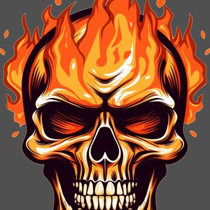 May include: A skull with a fiery orange and yellow flame design. The skull has a menacing expression with a wide open mouth and sharp teeth.