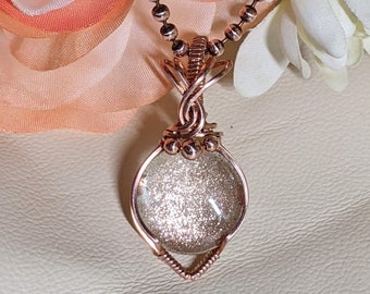 Elegant shimmer wire-wrap necklace, copper sparkle glass, 18" ball chain, raw copper wire