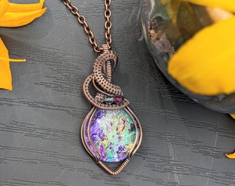 Mermaid, purple and teal paint under glass, fluorite beads, antique copper wire-wrap necklace, 18" cord, woven raw copper wire, wearable art