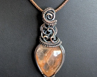 Natural iron-included quartz in antique copper, wire-wrap pendant necklace, 17" cord, one of a kind