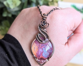 Magical butterfly wing paint under glass, tourmaline and moonstone beads, copper wire-wrap necklace, 18" handmade chain, wearable art