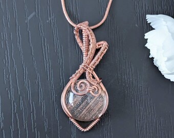 Sparkly glass bright copper wire-wrap necklace, 24" snake chain, woven raw copper wire