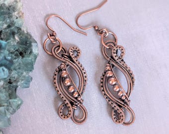 Handmade antiqued copper flowy loops of woven wire hook earrings, boho style, elegant dangle earrings