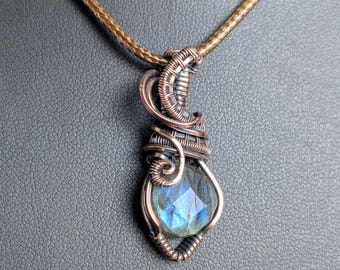 Labradorite copper wire-wrap pendant necklace, faceted blue and teal flash, antique copper weaving