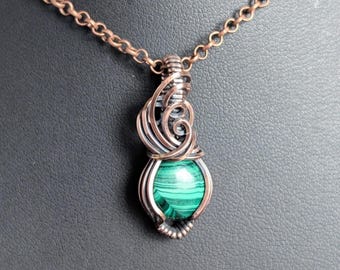 Malachite in copper, small wire-wrap pendant necklace, one of a kind