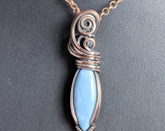 Light denim blue opal, copper wire-wrap pendant necklace, boho style, 18" copper chain