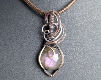 Small, purple flash labradorite, raw copper wire-wrap pendant necklace, simple boho style, 17" cord