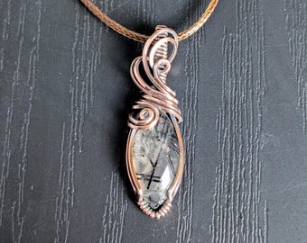 Black rutile-included quartz, antique copper wire wrapped pendant necklace, 17" cord