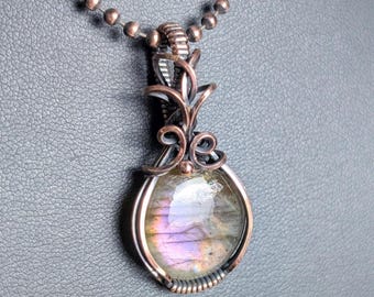 Round purple flash labradorite, raw copper wire-wrap pendant necklace, boho style, 18" copper ball chain