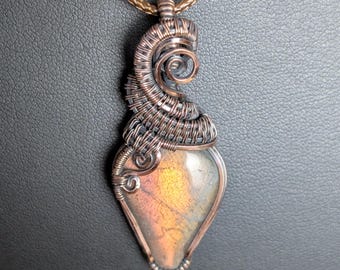 Orange flash labradorite, thick-woven copper wire-wrap pendant necklace, boho style, 17" cord