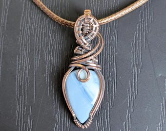 Two-tone blue opal, copper wire-wrap pendant necklace, boho style, 17" cord