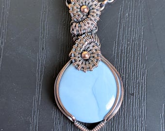 Smooth Owyhee blue opal, woven copper wire-wrap pendant necklace, boho style, 18" handmade chain