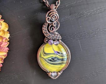 Non-binary eye of protection paint under glass, copper wire-wrap necklace, 18" handmade chain, wearable art, one of a kind