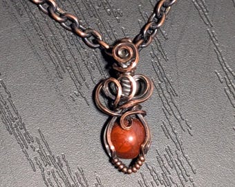 Small red jasper in antique copper, wire-wrap pendant necklace, 18" handmade chain, boho style