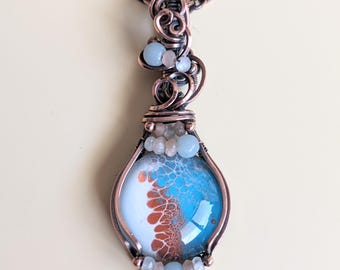 Beach bubbles paint under glass, copper wire-wrap necklace, 18" handmade chain, wearable art
