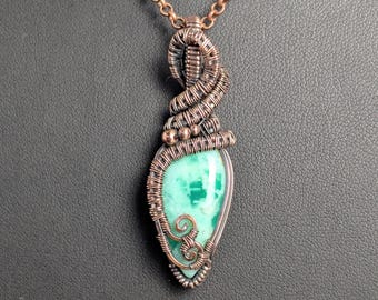 Mint green chrysoprase in antique woven copper, wire-wrap pendant necklace, one of a kind