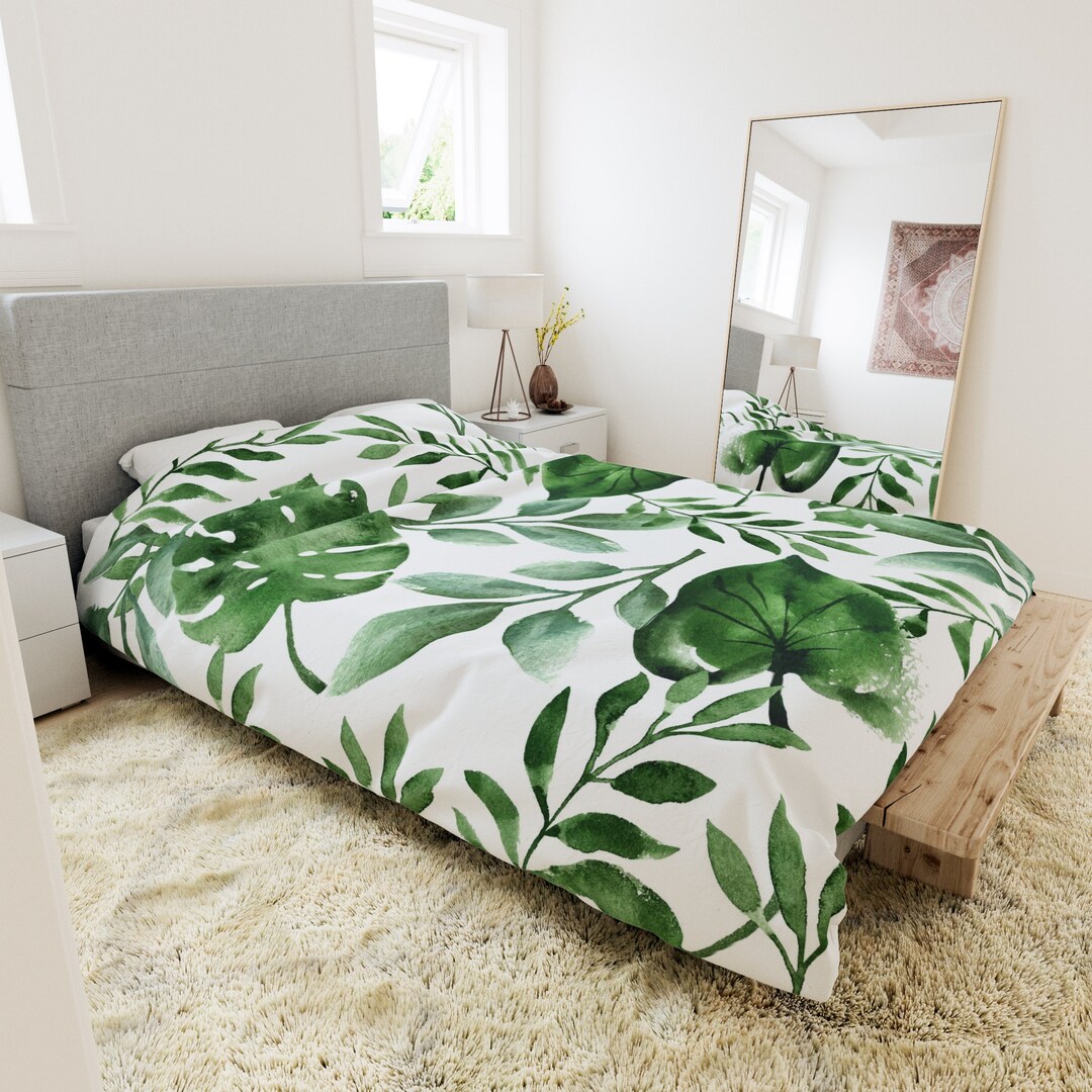 Monstera Leaf Cover, Green Leaf Bed Blanket, Botanical Plants Duvet