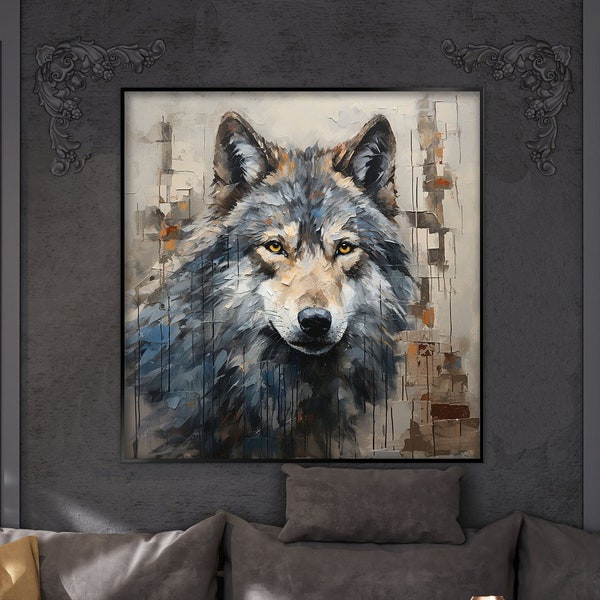 Majestic Wolf Oil Painting, Modern Wildlife Wall Art, Abstract Animal Portrait, Expressive Canine Canvas, Naturalistic Home Decor