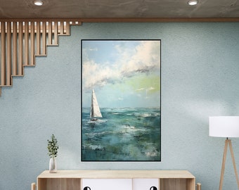 Meereslandschaft, Meerblick, Segelboot 100 % handgefertigt, Strukturgemälde, abstraktes Ölgemälde, Acrylgemälde, Wanddekoration Wohnzimmer, Bürowand