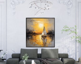 Voilier, Coucher de soleil, Paysage marin 100 % fait main, Peinture texturée, Peinture à l'huile abstraite, Peinture acrylique, Décoration murale de salon, Bureau