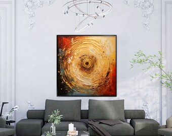 Tourbillon, orange, jaune, bleu 100 % fait main, tableau texturé, peinture à l'huile abstraite, peinture acrylique, décoration murale de salon, mur de bureau