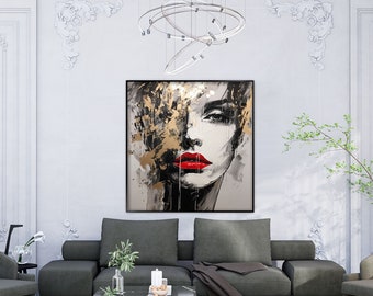 Woman Face, Beige, Gold, Black 100% Handmade, Textured Painting, Abstract Oil Painting, Acrylic Painting, Wall Decor Living Room, Office