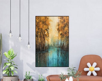 Waldlandschaft, Bäume, Fluss, Herbst 100% handgemacht, strukturiertes Bild, abstraktes Ölgemälde, Acrylbild, Wanddekor Wohnzimmer