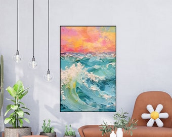 Ocean Landscape, Seascape, Sunset, Pink 100% Handmade, Textured Painting, Abstract Oil Painting, Acrylic Painting, Wall Decor Living Room