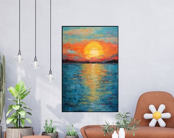 Abstraktes Ölgemälde, Acrylbild, Ozeanlandschaft, Sonnenuntergang, Seelandschaft, 100% Handarbeit, Wanddekoration, Wohnzimmer, Büro