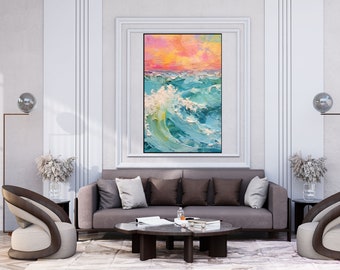 Ocean Landscape, Seascape, Sunset, Pink 100% Handmade, Textured Painting, Abstract Oil Painting, Acrylic Painting, Wall Decor Living Room