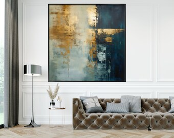 Gold, Blue Tones 100% Handmade, Textured Painting, Abstract Oil Painting, Acrylic Painting, Wall Decor Living Room, Office Wall Art