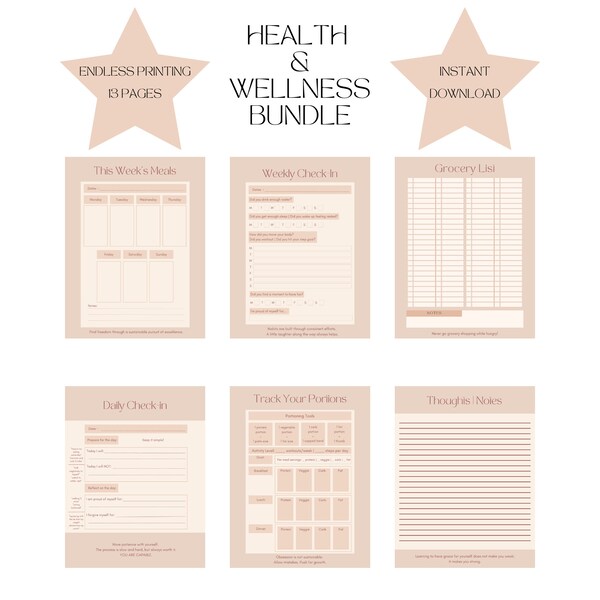 Health and Wellness Planner | Nutrition | Printable | Mindset | Portion Control | Recipes | Meal Planning | Grocery List | Digital Download