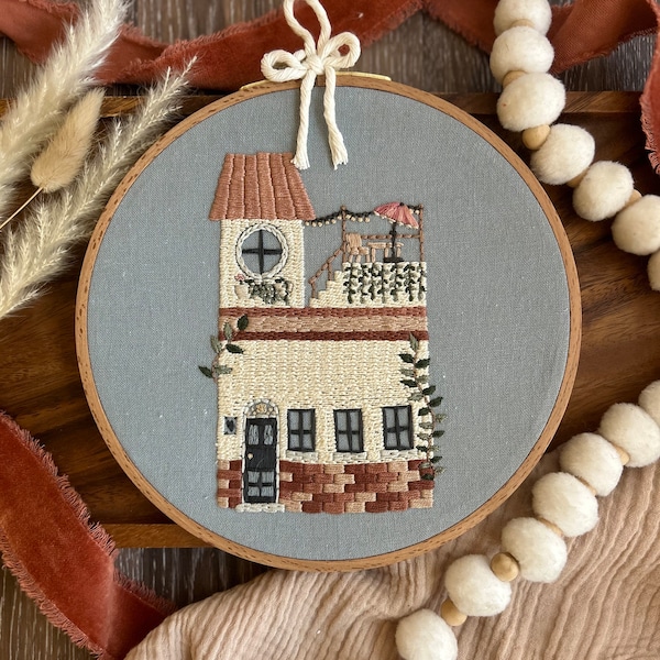 Finished Embroidery Hoop, Cute Home, Greek, Green Vine Home, Cozy, Pink, Orange, Cream, Beige, boho, home decor, wall art, handmade gift