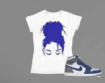 Curly Hair Chick T-shirt, Shirt to match Jordan 1 Retro High OG True Blue, AJ1 True Blue,  Sneakerhead shirt, Female Sneakerhead