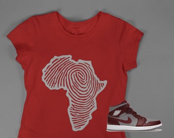 Africa Fingerprint T-shirt, Shirt to match Jordan 1 Mid Cherrywood Red, AJ1 Cherrywood,  Female Sneakerhead