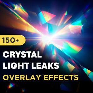 Puede incluir: Arte digital abstracto con un fondo oscuro y efectos de luz vibrantes. La imagen presenta una explosión de fugas de luz coloridas, con el texto "150+ CRYSTAL LIGHT LEAKS OVERLAY EFFECTS". Los colores incluyen azul, amarillo, rosa y verde.