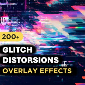 Puede incluir: Obra de arte digital con efecto glitch. La imagen presenta una vibrante mezcla de colores, incluyendo rosa, azul y amarillo, con el texto "200+ GLITCH DISTORSIONS OVERLAY EFFECTS". El fondo es azul oscuro.