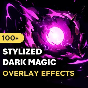 May include: A digital graphic with a stylized dark magic overlay effect. The image features a bright white orb at the center, surrounded by swirling purple energy and lightning effects against a black background. Text reads "100+ STYLIZED DARK MAGIC OVERLAY EFFECTS."