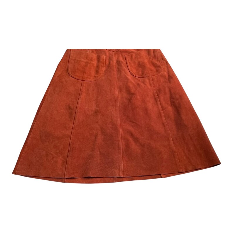 Vestido con pechera de gamuza Free People, talla 2, color naranja óxido, con dobladillo sin rematar y forro. imagen 5