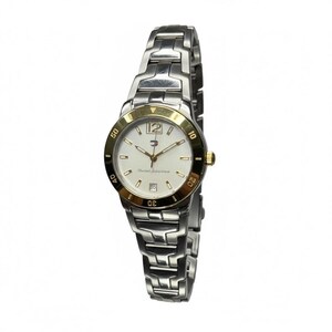 May include: A silver-toned wristwatch with a gold-colored bezel and a white face. The watch features a date display at the 6 o'clock position and a silver-toned band. The watch face has the number 12 at the top and the brand logo.