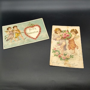 Paire de cartes postales anciennes en relief pour la Saint-Valentin, Allemagne 1911 Anges Angelots Roses