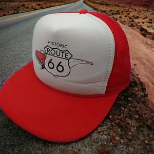 VTG Route 66 Trucker Hat Snapback Nissin Corp. Retro Foam Mesh Cap Red White