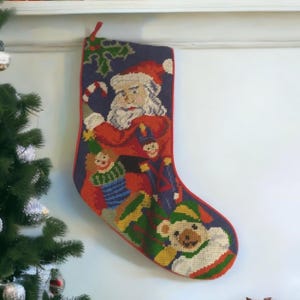 Vintage Needlepoint Santa Christmas Stocking 18&quot; w/ Toys & Teddy Bear