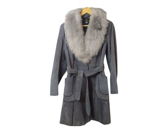 1970s Gray Leather Suede Faux Fur Trim Cuff Collar Belted Womens Size 13/14.