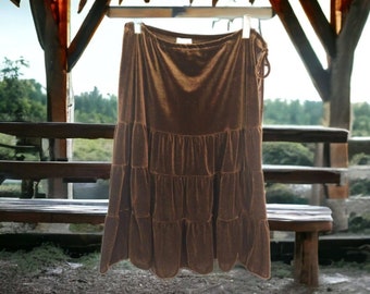 Vintage Women's Brown Velor Fairy Grunge Tiered Midi Skirt Brown Size M USA