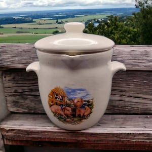 Może przedstawiać: Kremowa ceramiczna łódka do sosu z pokrywką i dwoma bocznymi uchwytami. Przód przedstawia sielankową scenę z trzema świniami, stodołą i płotem. Łódka do sosu stoi na drewnianej powierzchni.